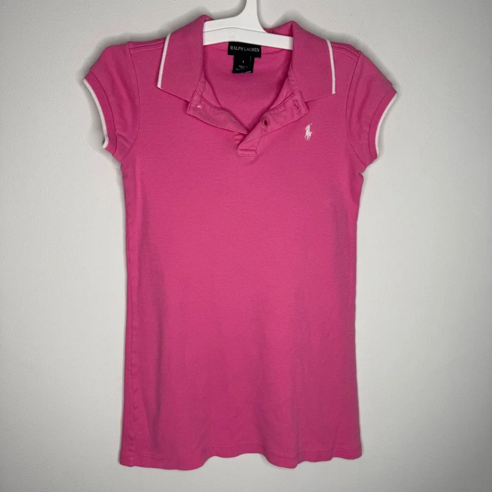 A19 Ralph Lauren Girls Pink‎ Cotton Pique Polo Shirt White Tipped Dress Size 5